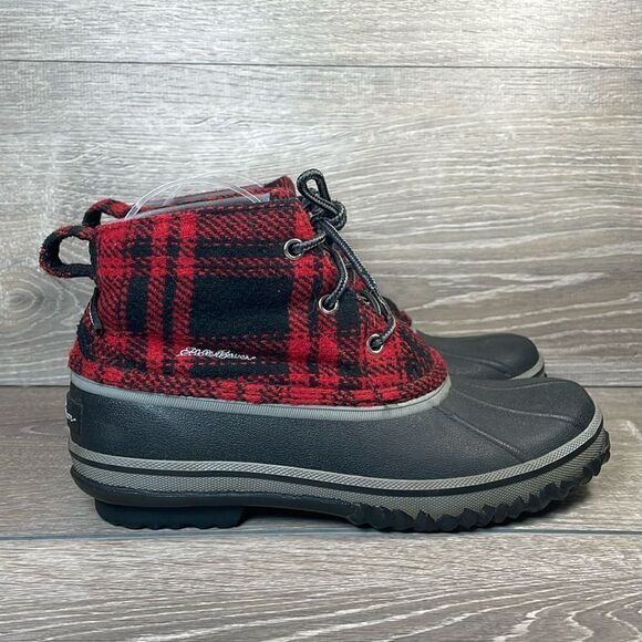 Eddie Bauer Hunt Pack Mid Red Plaid Women’s Sz 7.5 Waterproof Lace Up Duck Boots - Picture 1 of 11